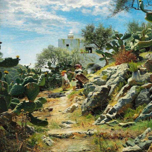 Ved Middagstid I En Cactusplantage Paa Capri Oil Painting by Peder Mork Monsted