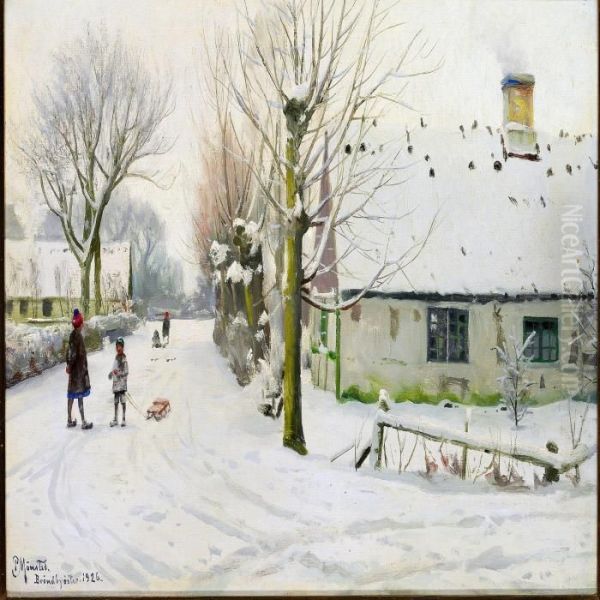 Winter Day In The Village With Children On A Snowy Road Oil Painting by Peder Mork Monsted