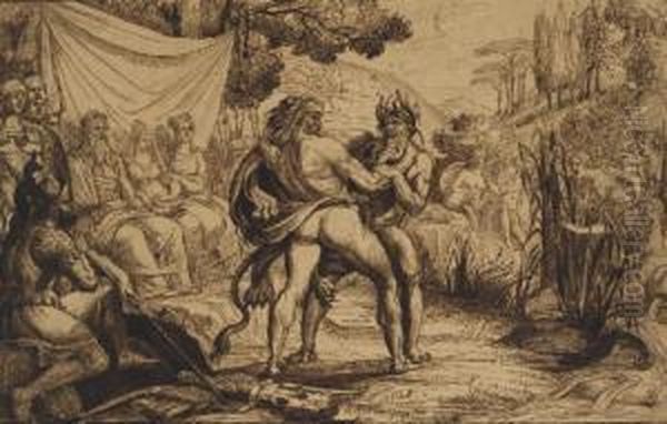 Hercule Combattant Contre Le Roi Des Eaux Achelous Devant Dejanire Oil Painting by Elie Honore Montagny