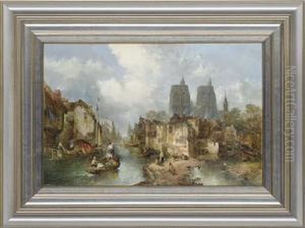 A Riverside Village Scene With Picturesque Figures Oil Painting by Alfred Montague