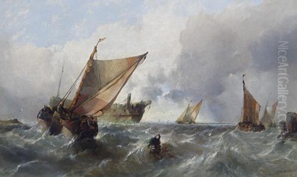 Fishing Boats And A Hulk Off A Headland Oil Painting by Alfred Montague