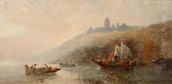 Eastern Boats On A River Before A Castle Oil Painting by Clifford Montague