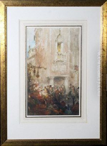 A Busy Market Place In Venice Oil Painting by Clara Montalba