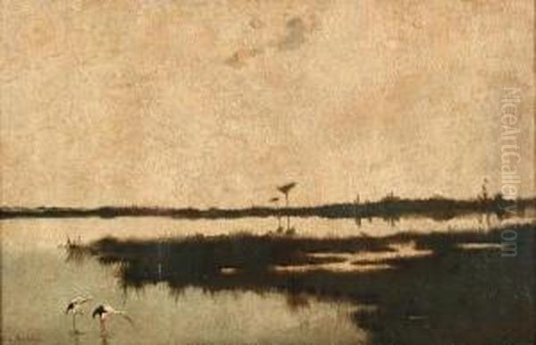 Cranes On The Lagoon Oil Painting by Hilda Montalba