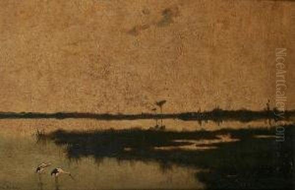 Extenisve Lake Landscape With Storks Oil Painting by Hilda Montalba