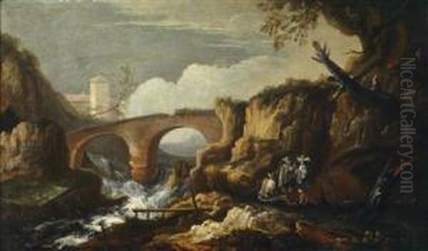 A Mountain Landscape With A Bridge Andfigural Staffage Oil Painting by Pietro Montanini