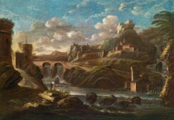 Eine Felsige Landschaft Miteinem Kastell Oil Painting by Pietro Montanini