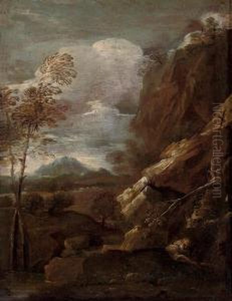 A Hermit In An Extensive Mountainous Landscape Oil Painting by Pietro Montanini