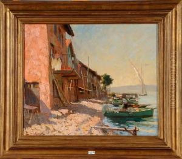 Bord De Lac Anime A Martigues Oil Painting by Henri Montassier