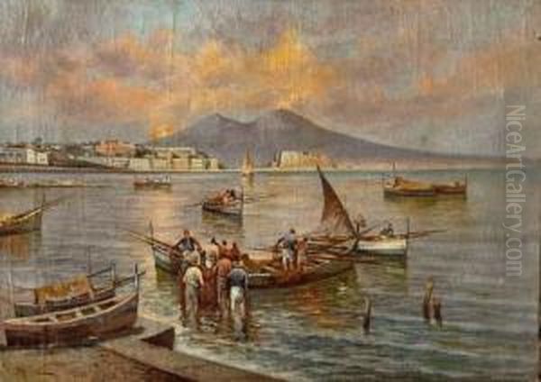 Pescatori Al Tramonto Al Porto Di Napoli Oil Painting by Vincenzo Montefusco