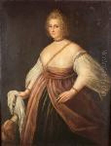 Portrait Of A Lady, Standing Three-quarter-length, In A Black Skirt With A Burgundy Overdress, A Hound At Her Side Oil Painting by Francesco Montemezzano