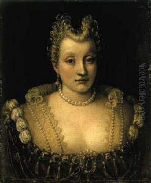 Portrait Of A Lady, Said To Be Of The Contarini Family,bust-length, In An Elaborate Dress With Jewels And A Pearl Necklaceand Earrings Oil Painting by Francesco Montemezzano