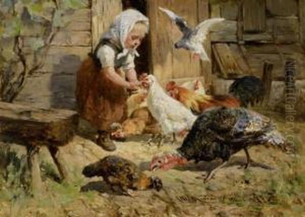 Girl With Hens Oil Painting by Antonio (Antonis Matteo) Montemezzo