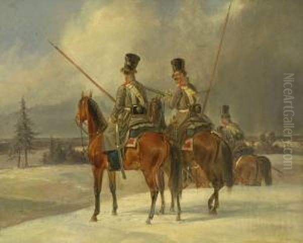 Drei Reiter In Winterlandschaft Oil Painting by Heinrich M. Dietrich Monten