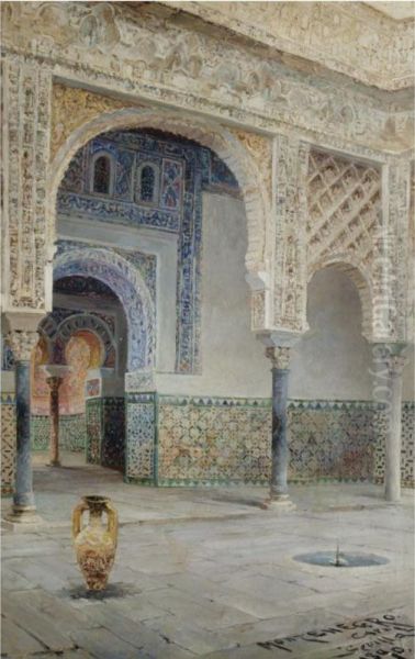 A Moorish Courtyard, Seville Oil Painting by Jose Montenegro Capell