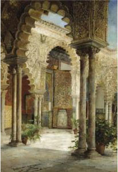 A Sunlit Courtyard, Seville Oil Painting by Jose Montenegro Capell