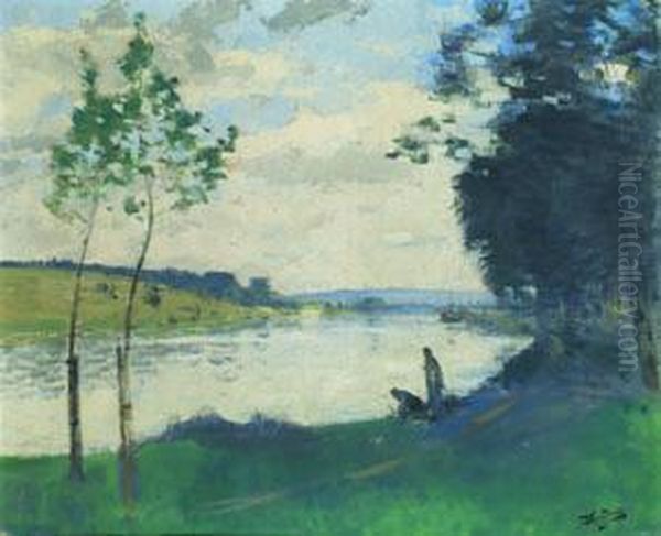 Bord De Riviere Animee A Moret-sur-loing Oil Painting by Pierre Eugene Montezin