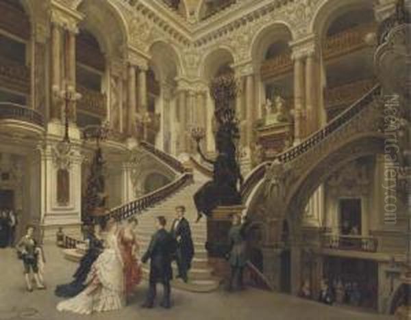 The Interior Of The Paris Opera, With Figures On The Steps Oil Painting by Adolphe Francois Montfallet