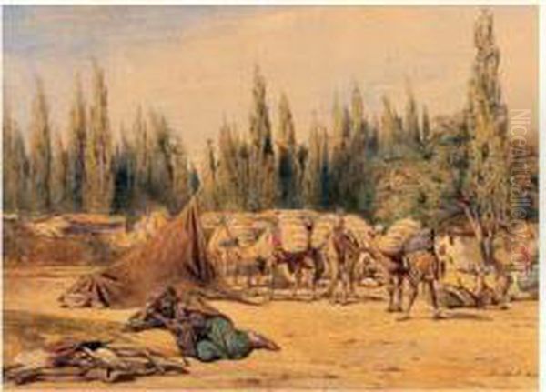 La Caravane Au Repos Oil Painting by Antoine Alphonse Montfort