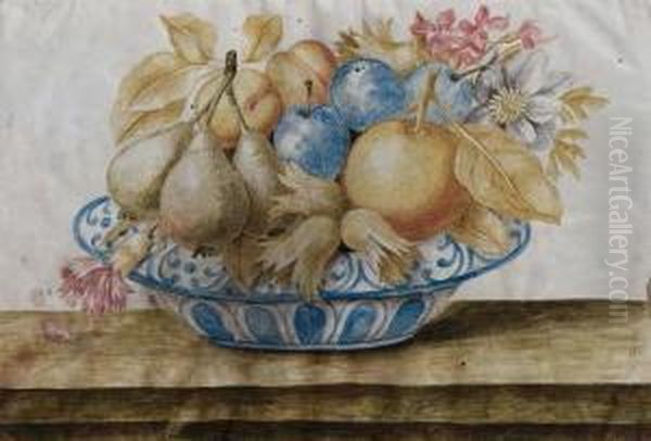 Pere, Susine, Albicocche, Unapesca E Fiori In Un Piatto Di Ceramica Oil Painting by Octavianus Montfort