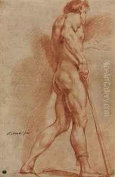 An Academic Male Nude Seen From Behind, Holding A Staff Oil Painting by Francesco Monti