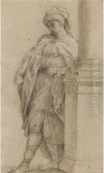 Recto: A Standing Turkish Man Wearing A Cloak Leaning On A Column Verso: Two Hands Holding A Dagger And A Separate Study Of A Left Hand Oil Painting by Francesco Monti