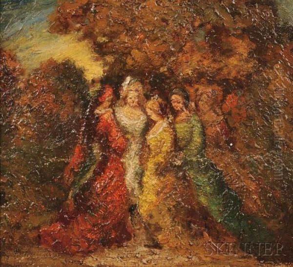 Elegant Ladies In A Park Oil Painting by Adolphe Joseph Th. Monticelli