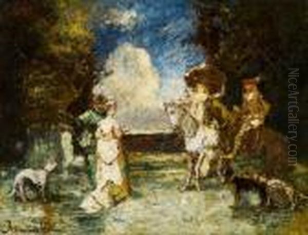 Deux Couples Conversant Oil Painting by Adolphe Joseph Th. Monticelli