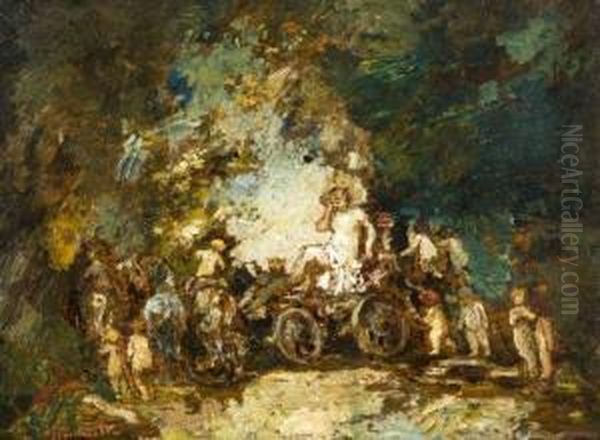 Nymphe Sur Un Char Et Amours Dans Un Parc Oil Painting by Adolphe Joseph Th. Monticelli