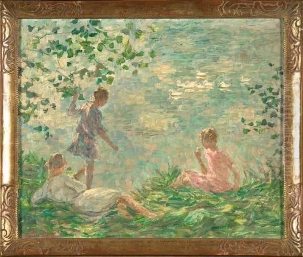 Fillettes Au Bord De L'eau Oil Painting by Jenny Montigny