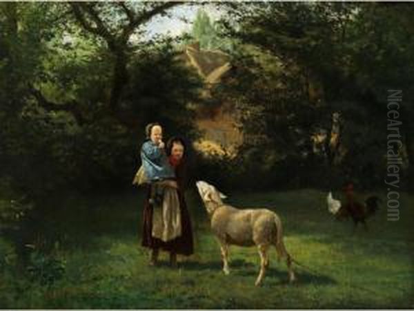 Landliche Idylle Mit Kindern, Schaf Und Huhnern Oil Painting by Jules Montigny