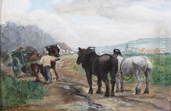 Harnessing Horses To A Timber Cart Oil Painting by Jules Montigny