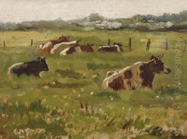 Cows In The Meadow Oil Painting by Jules Montigny