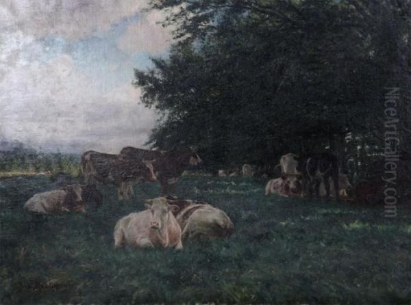 Landscape With Cows In The Meadow Under The Trees Oil Painting by Jules Montigny