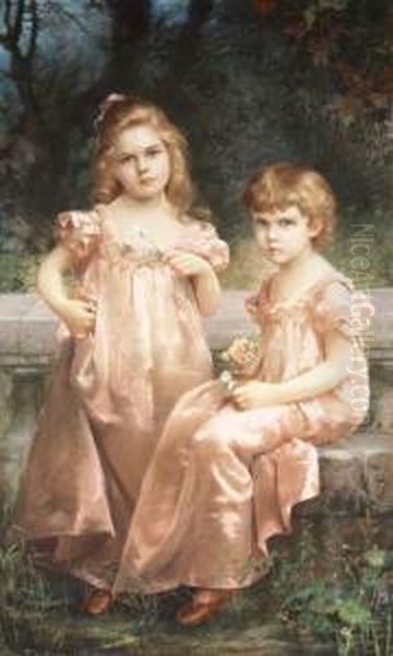 Portrait Of Two Girls In Pink Dresses Oil Painting by Rosina Montovani-Gutti