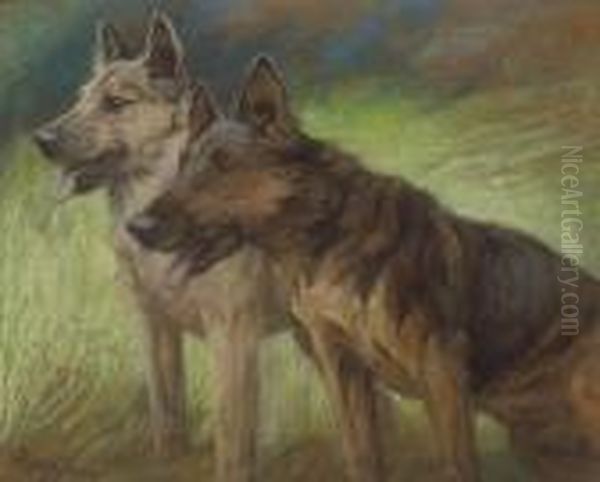 Two German Shepherds In A Field Oil Painting by Fannie Moody