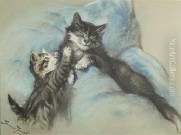 Young Kitten Waking Up Mom Oil Painting by Fannie Moody