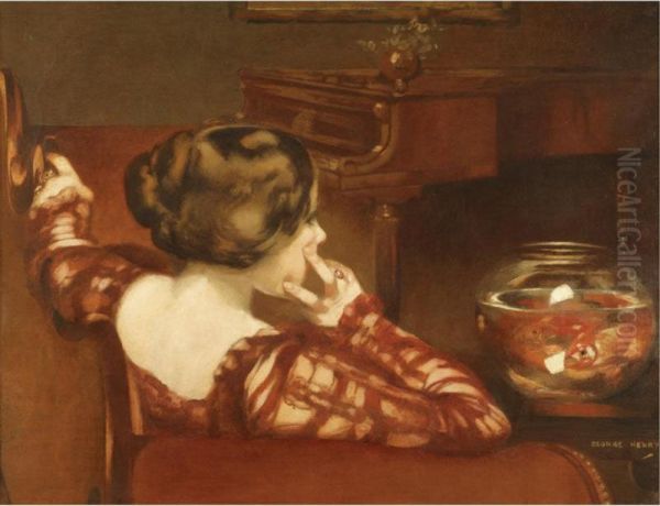 A Girl Seated By A Bowl Of Goldfish Oil Painting by Henry George Moon