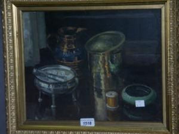 Still Life, Copper Lustre Jug, Sugar Bowl And Reel Oil Painting by Edward Hartley Mooney