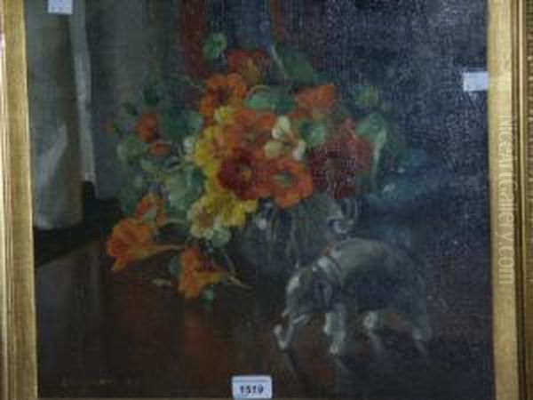 Still Life, Nasturtiums, Ginger Jar And Elephant Model Oil Painting by Edward Hartley Mooney