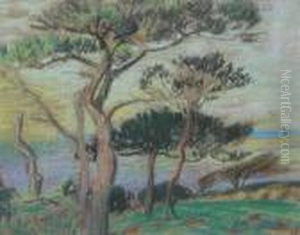 Pines And Sea Near Mount Hawke, Cornwall Oil Painting by Robert James Enraght Moony