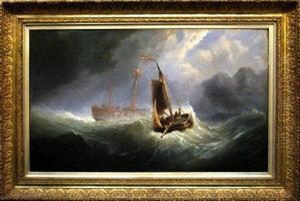 Fishing Boat Passing The Elbe Lightship In A Storm Oil Painting by Barlow Moore