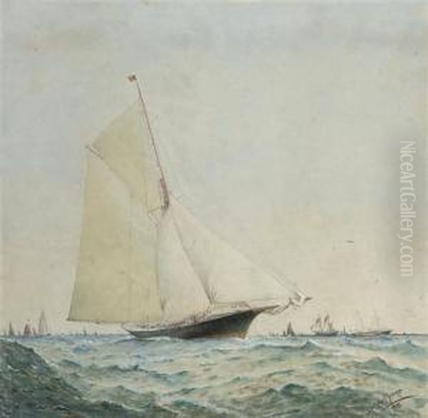 A Racing Cutter And Other Craft Offshore Oil Painting by Barlow Moore