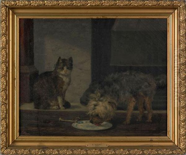 Oil Oncanvas Of A Cat And Dog Oil Painting by Edwin Augustus Moore