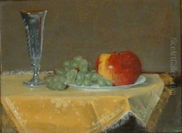 Still Life With Apple, Grapes And Etched Champagne Flute Oil Painting by Edwin Augustus Moore