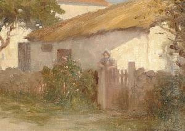 A Woman Leaning On A Gate Before A Cottage Oil Painting by Ernest Moore