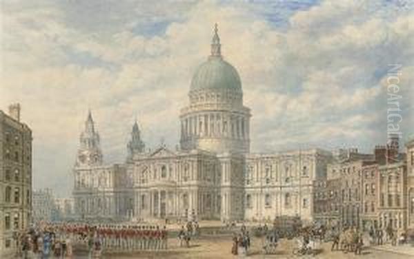 Marching Across The Square, St Paul's Cathedral, London Oil Painting by George Bolton Moore