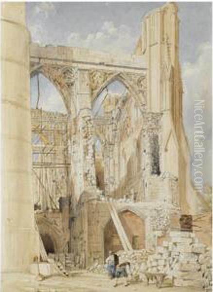 Stone Masons Working On The Rebuilding Of The South Wall Of St. Stephen's Chapel, Westminster; A Stone Mason Smoking A Pipe Amongst The Masonry Of St. Stephen's Chapel, Westminster Oil Painting by George Bolton Moore