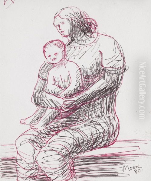 Mother And Child: Three Quarter To Left - Recto Oil Painting by Henry Moore