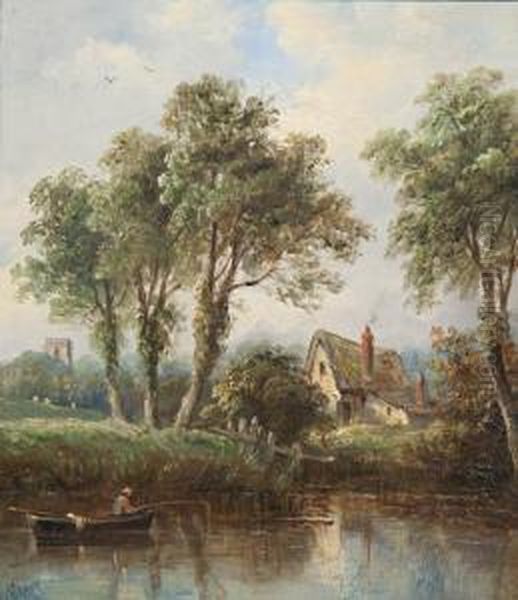 A Woman Fetching Water From A Stream Before A Thatched Cottage Oil Painting by John Moore Of Ipswich